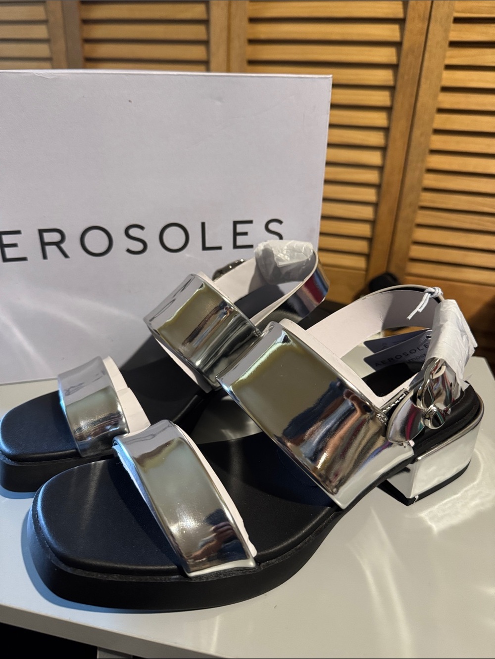AEROSOLES Silver Reflective Strap Block Heel Sandals